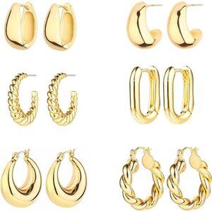 6 Pairs 14K Gold Hoop Earrings for Women